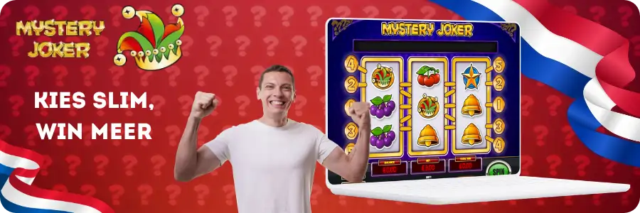 Mystery Joker retro design in neon gokkaststijl

