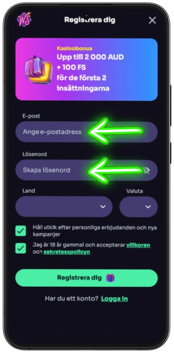 Registreringsformulär på svenskt casino