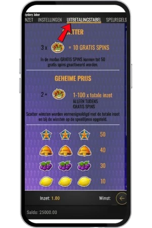 Mystery Joker uitbetalingstabel met scatter en geheime prijs
